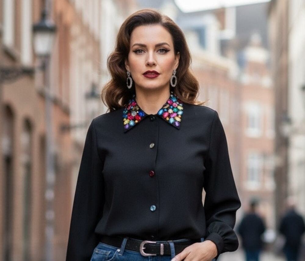Vintage 90's Alexandria Petites Faux Gemstone Studded Mobwife Glam Blouse